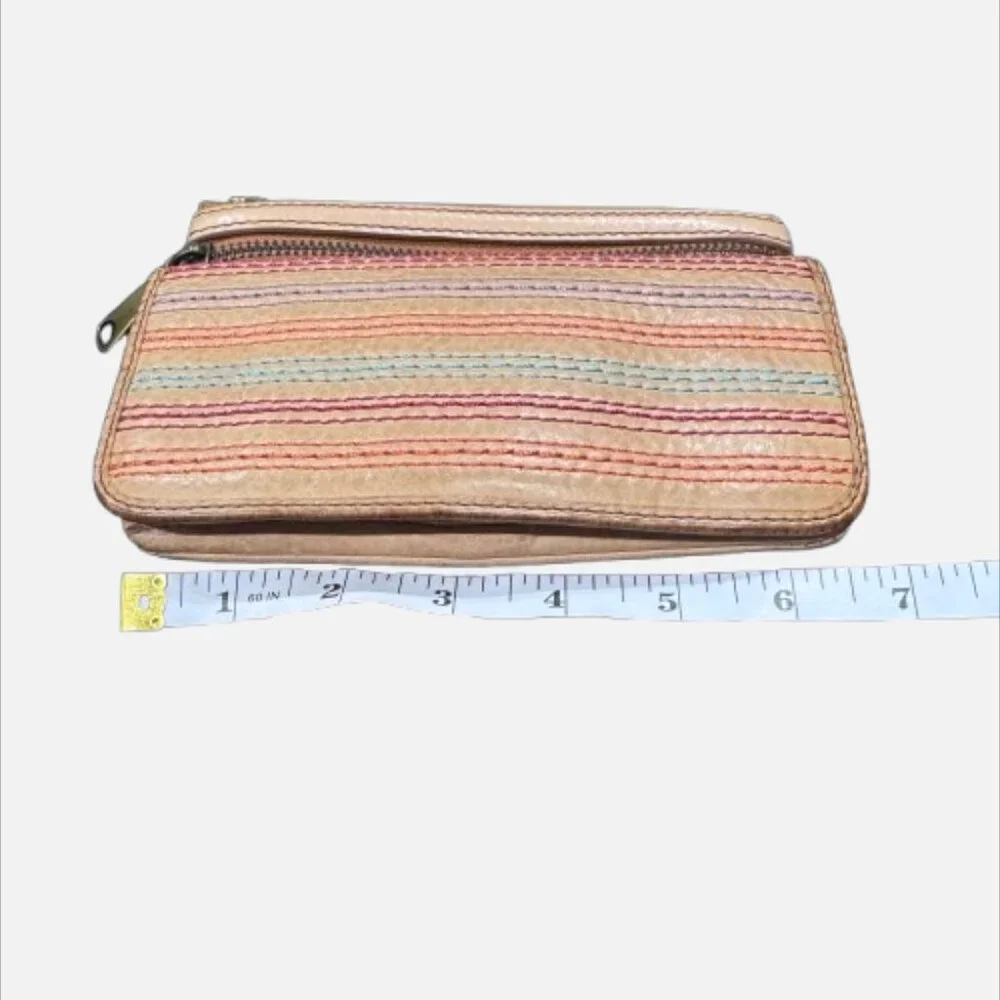 🗝Fossil Explorer Tan Leather Front Colored Stitch Accent Clutch Wallet YKK Zips